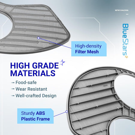 Close-up of WPW10463906 dishwasher filter showing high-density mesh and sturdy ABS plastic frame construction.