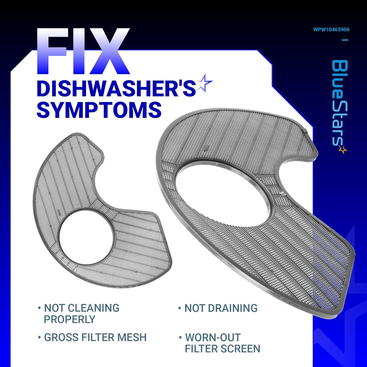 WPW10463906 dishwasher screen filter replacement parts shown from top and side angles.