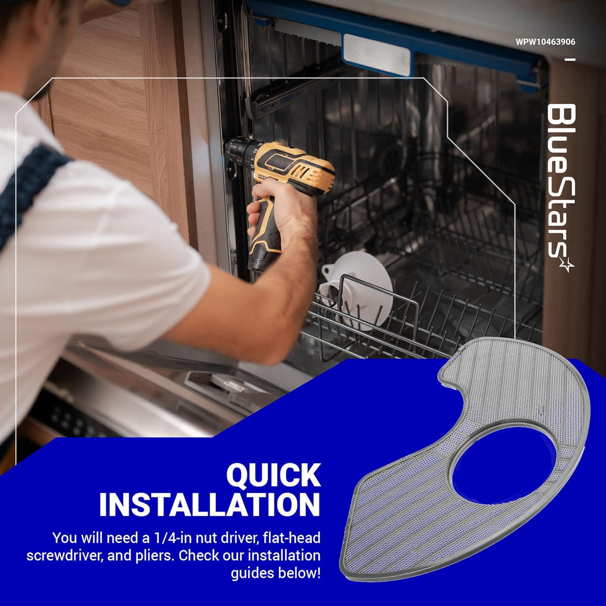 WPW10463906 dishwasher screen filter shown with installation guide graphic and technician using a power drill.