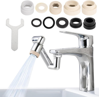 1440° rotating faucet aerator attached to a chrome bathroom faucet with installation tools and washers.