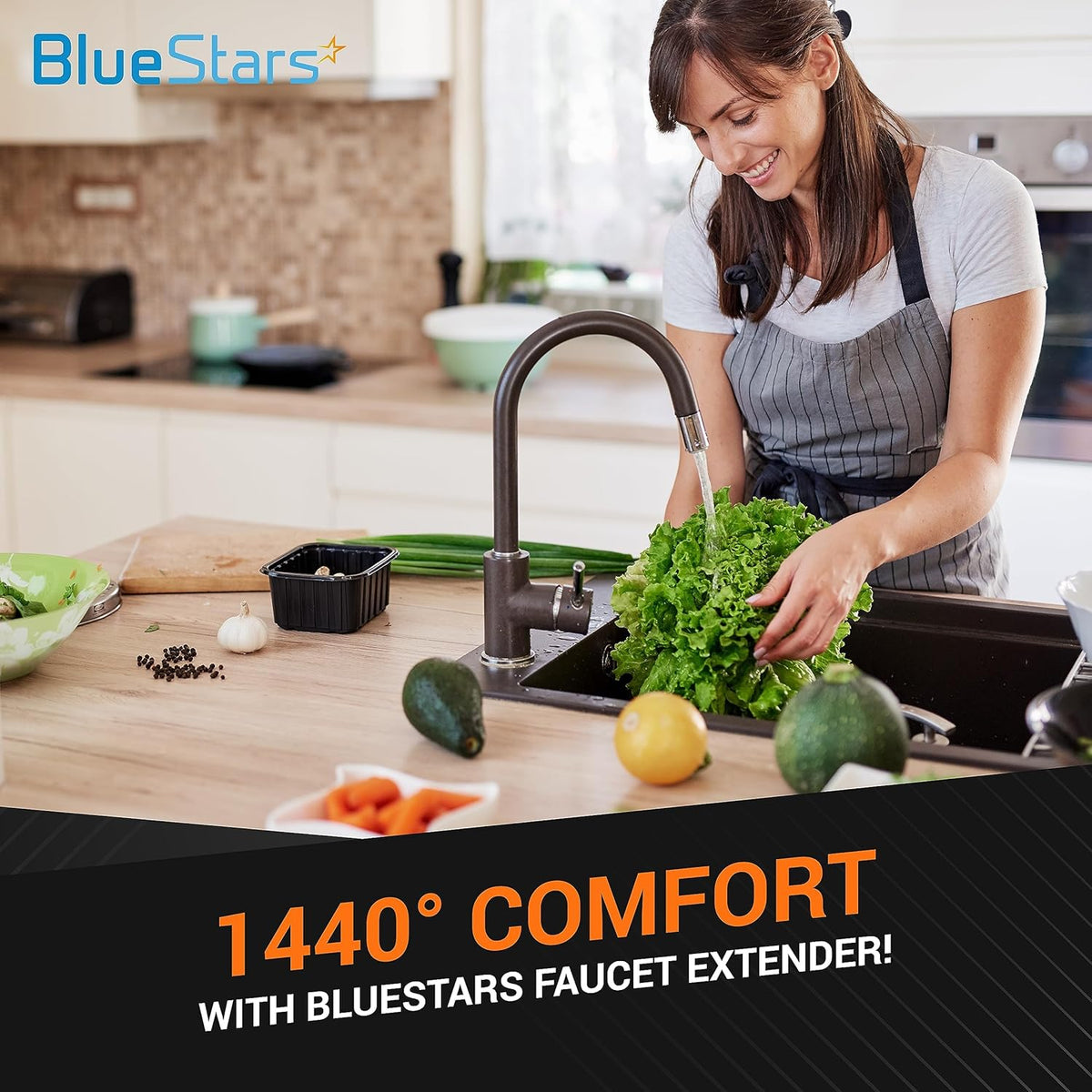 Woman washing lettuce in a kitchen sink using a 1440° rotating faucet aerator extender.
