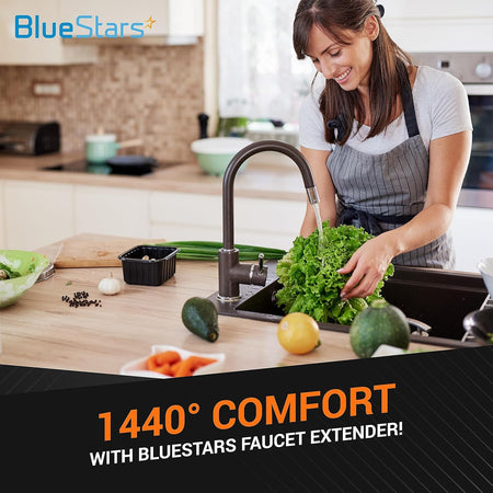 Woman washing lettuce in a kitchen sink using a 1440° rotating faucet aerator extender.