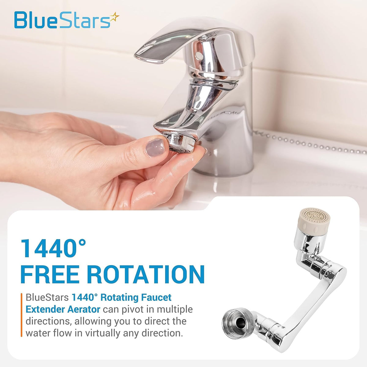 Hand installing a 1440° rotating faucet aerator onto a chrome bathroom sink faucet.
