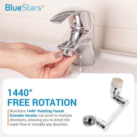 Hand installing a 1440° rotating faucet aerator onto a chrome bathroom sink faucet.