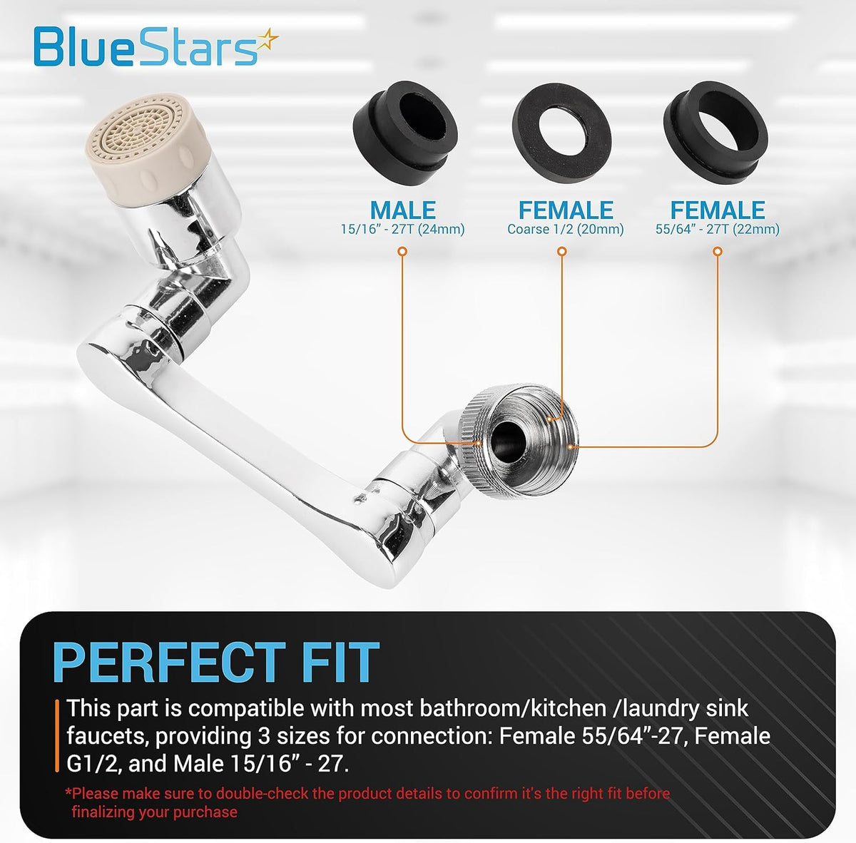 1440° rotating faucet aerator with three included adapter sizes for male and female sink faucet compatibility.