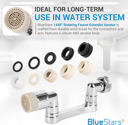 1440° rotating faucet aerator with included installation adapters, washers, and wrench tool.