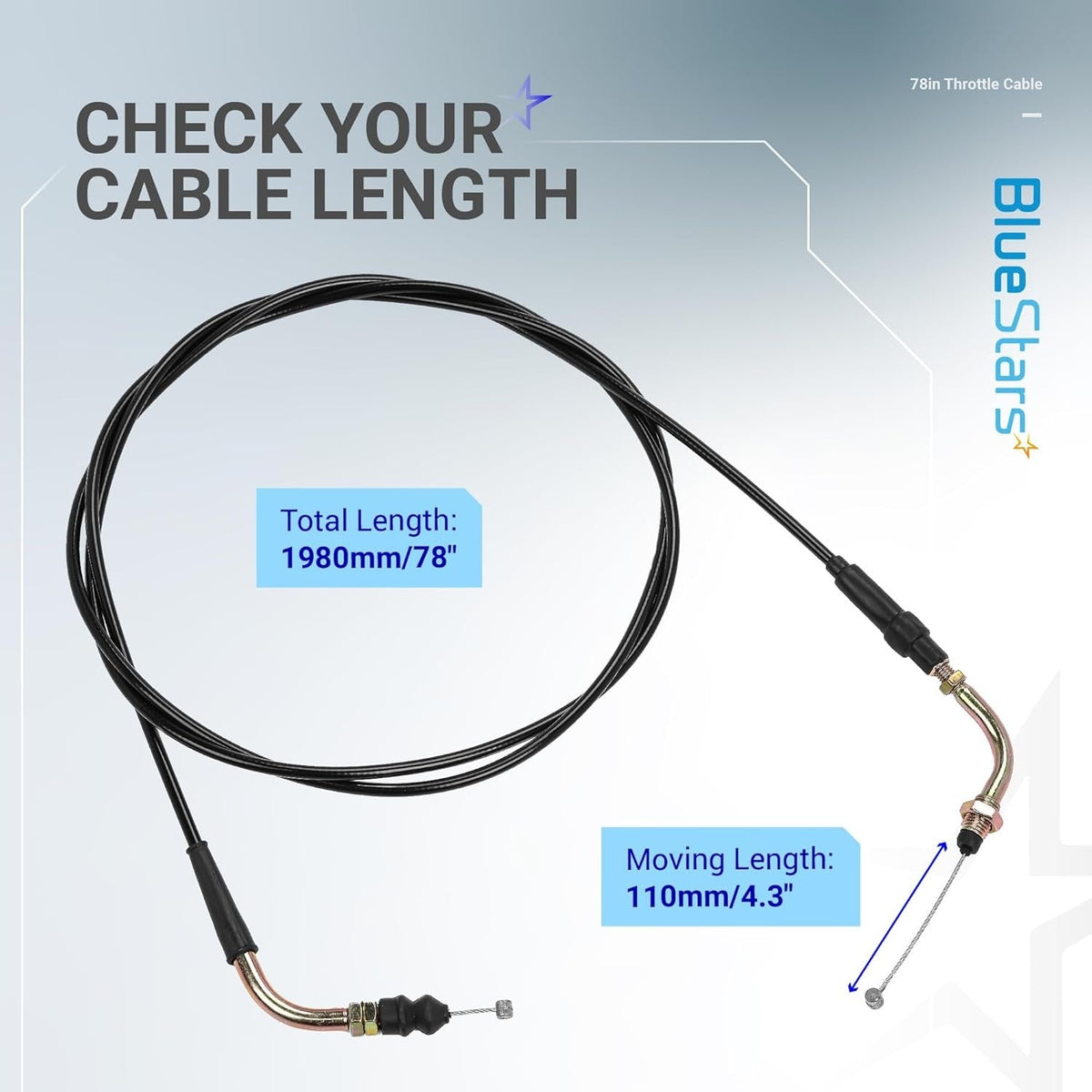 78-inch throttle cable for GY6 scooter engines showing total and moving length specifications.