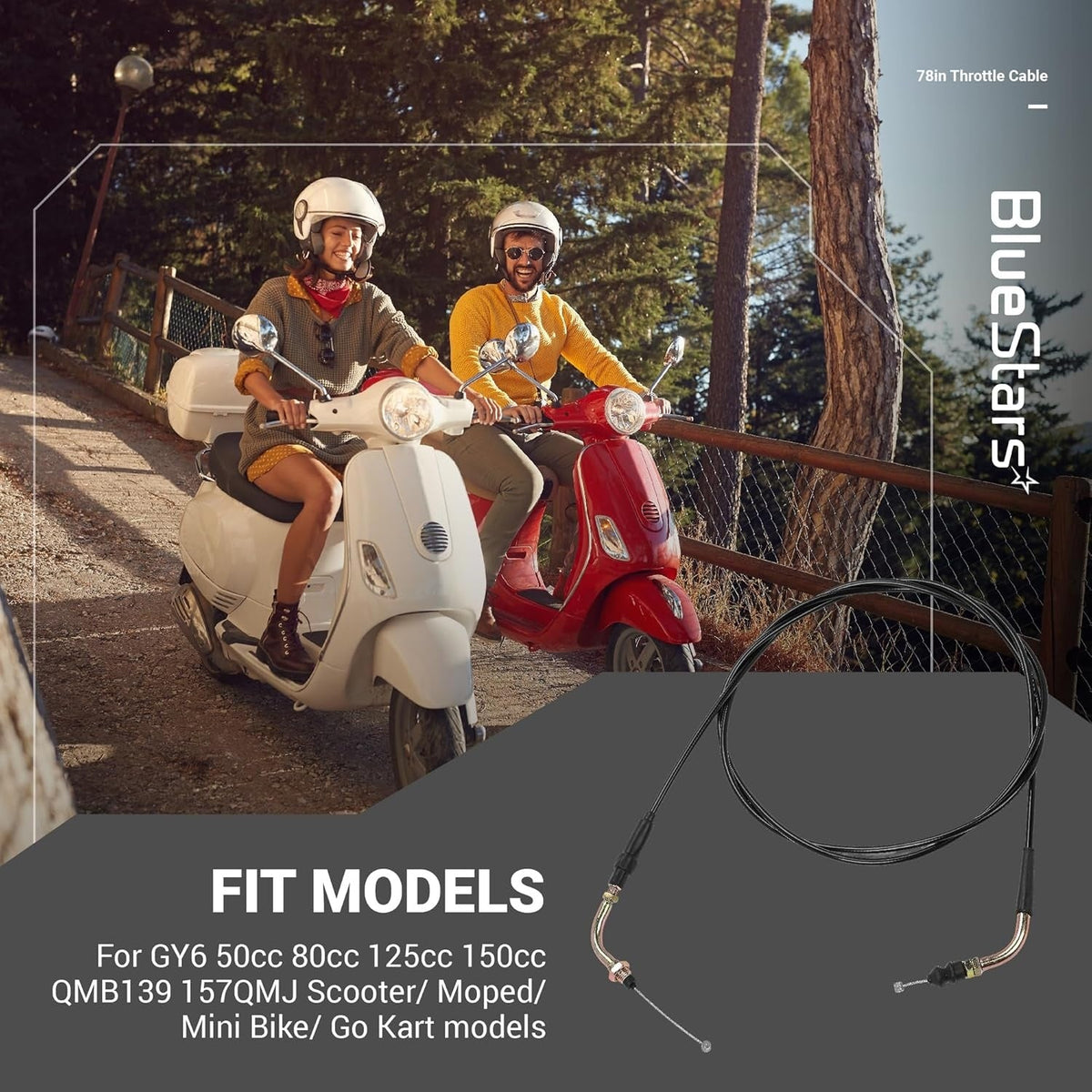 78-inch throttle cable for GY6 50cc-150cc scooter, moped, and go-kart engines shown on a lifestyle product graphic.