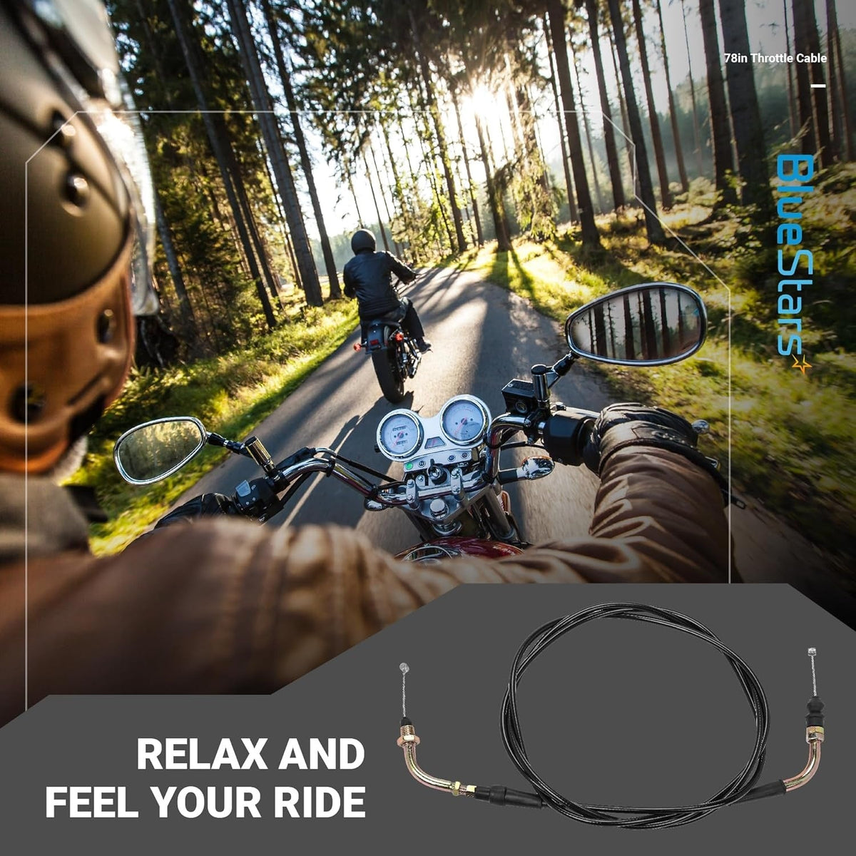 78-inch throttle cable for GY6 50cc-150cc engines shown in a promotional lifestyle graphic.