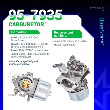 95-7935 replacement carburetor for Toro snowblowers and lawn mowers shown from two different angles.