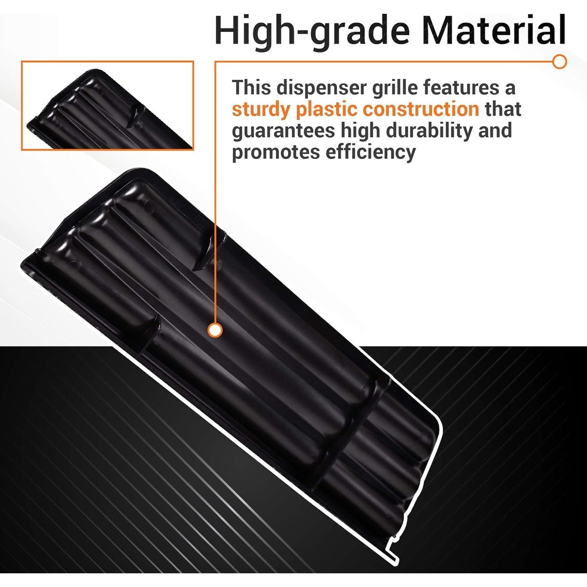 Durable black plastic refrigerator dispenser grille replacement part with close-up detail view.