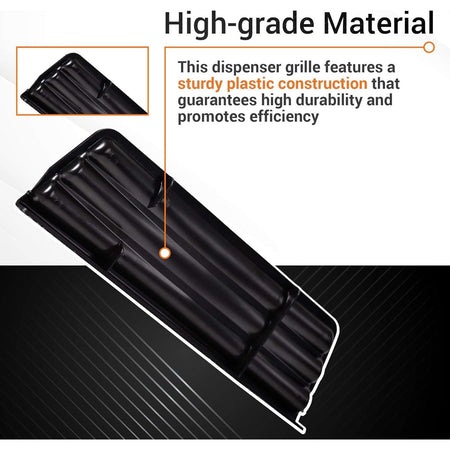 Durable black plastic refrigerator dispenser grille replacement part with close-up detail view.
