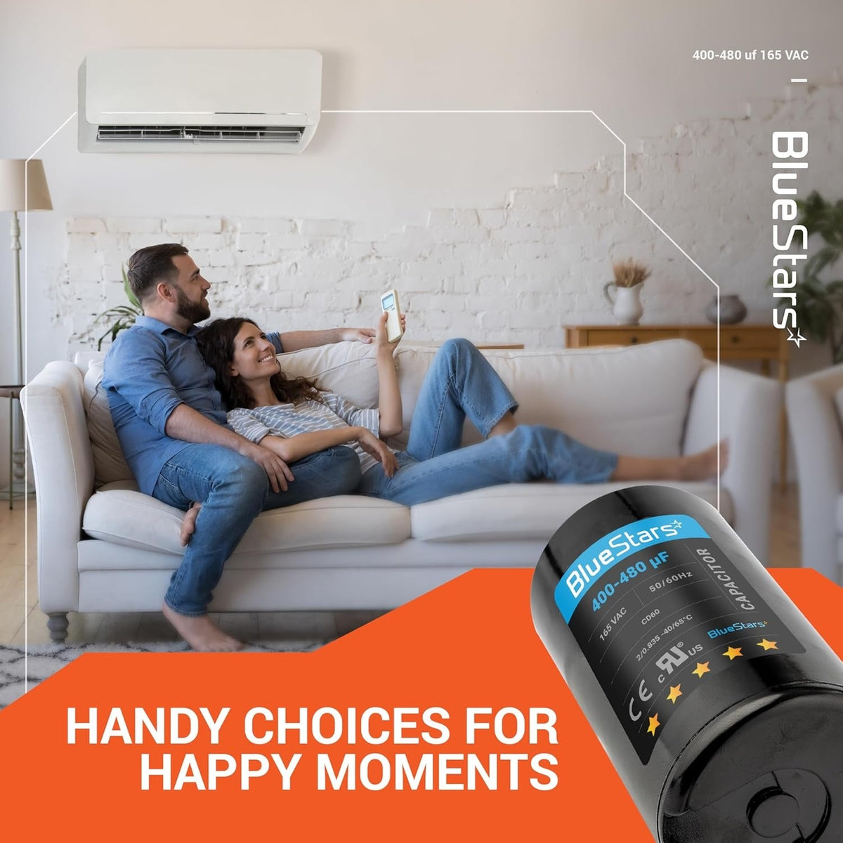 BlueStars 400-480 uF 165 VAC CD60 motor start capacitor for AC units shown in a lifestyle home setting.