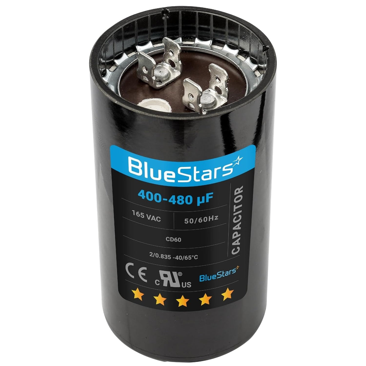BlueStars 400-480 uF 165 VAC CD60 round motor start capacitor with dual terminal connectors.