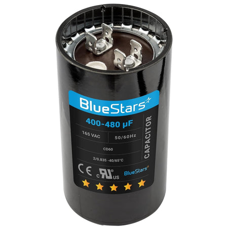 BlueStars 400-480 uF 165 VAC CD60 round motor start capacitor with dual terminal connectors.