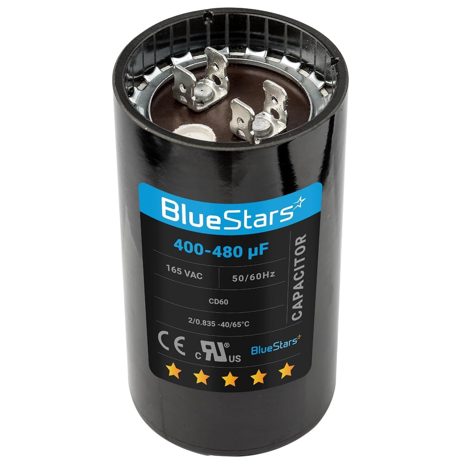 BlueStars 400-480 uF 165 VAC CD60 round motor start capacitor with dual terminal connectors.