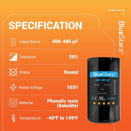 Specification chart for 400-480 uF 165 VAC CD60 round motor start capacitor with technical details.
