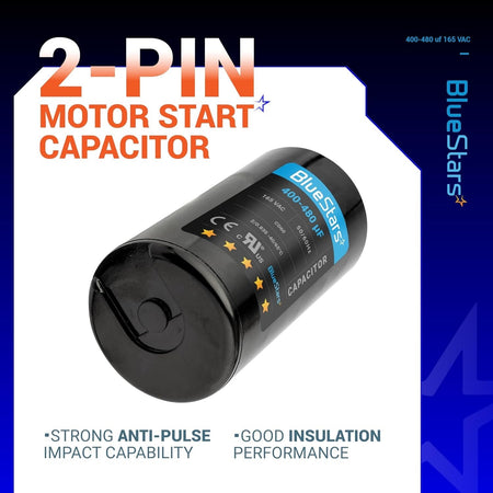 BlueStars 400-480 uF 165 VAC CD60 round motor start capacitor with 2-pin design for electric motor replacement.
