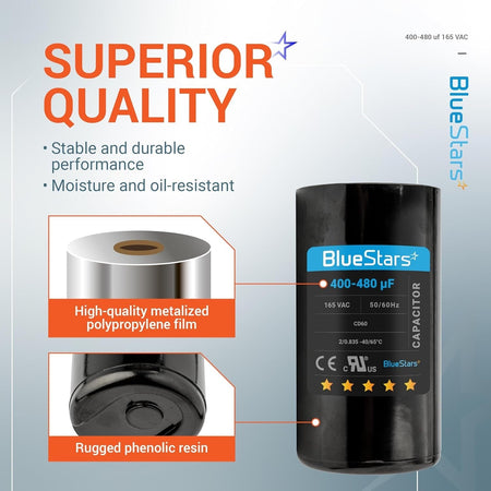 BlueStars 400-480 uF 165 VAC CD60 motor start capacitor features, showing metalized film and phenolic resin construction.
