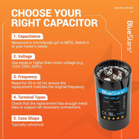 Infographic guide for selecting a 400-480 uF 165 VAC CD60 round motor start capacitor.