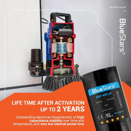 BlueStars 400-480 uF 165 VAC CD60 motor start capacitor shown next to a cross-section of an electric water pump.