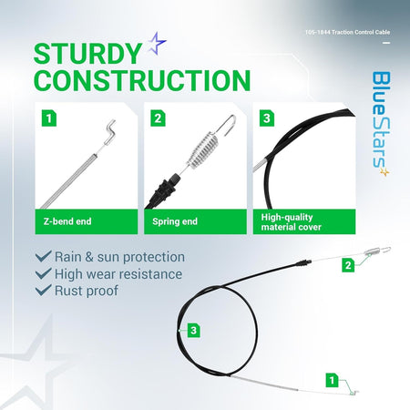 Features of 105-1844 traction control cable for Toro lawn mowers showing Z-bend, spring end, and protective casing.