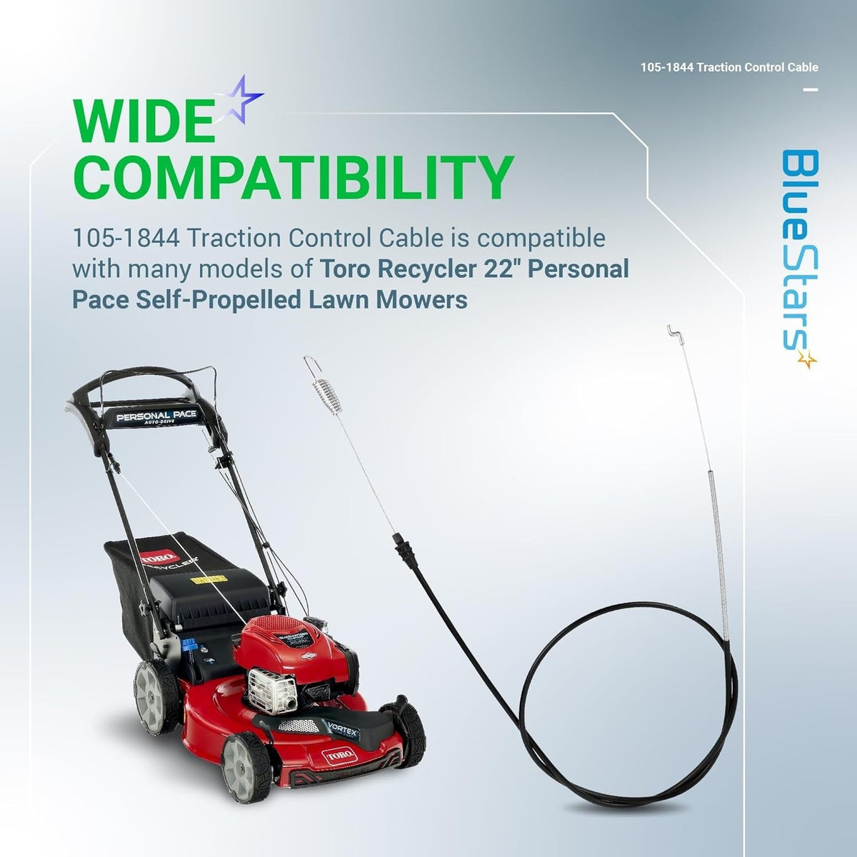105-1844 traction control cable for Toro 22-inch Recycler Personal Pace lawn mowers shown with compatibility graphic.