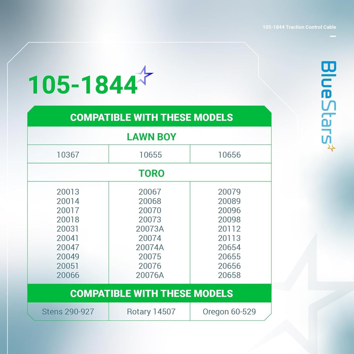 Compatibility chart for 105-1844 traction control cable for Toro and Lawn Boy lawn mowers.