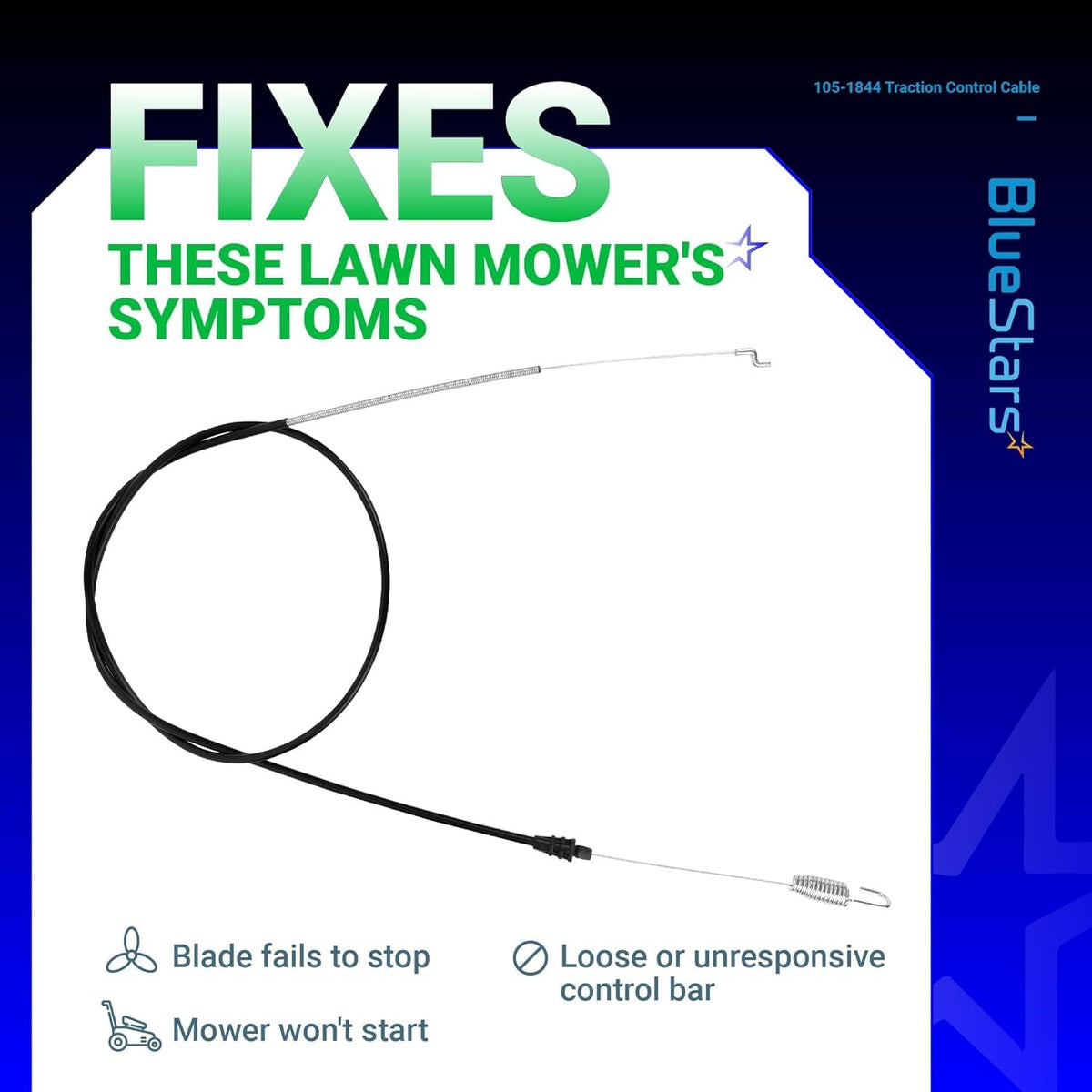 105-1844 traction control cable for Toro lawn mowers shown in an informational graphic.