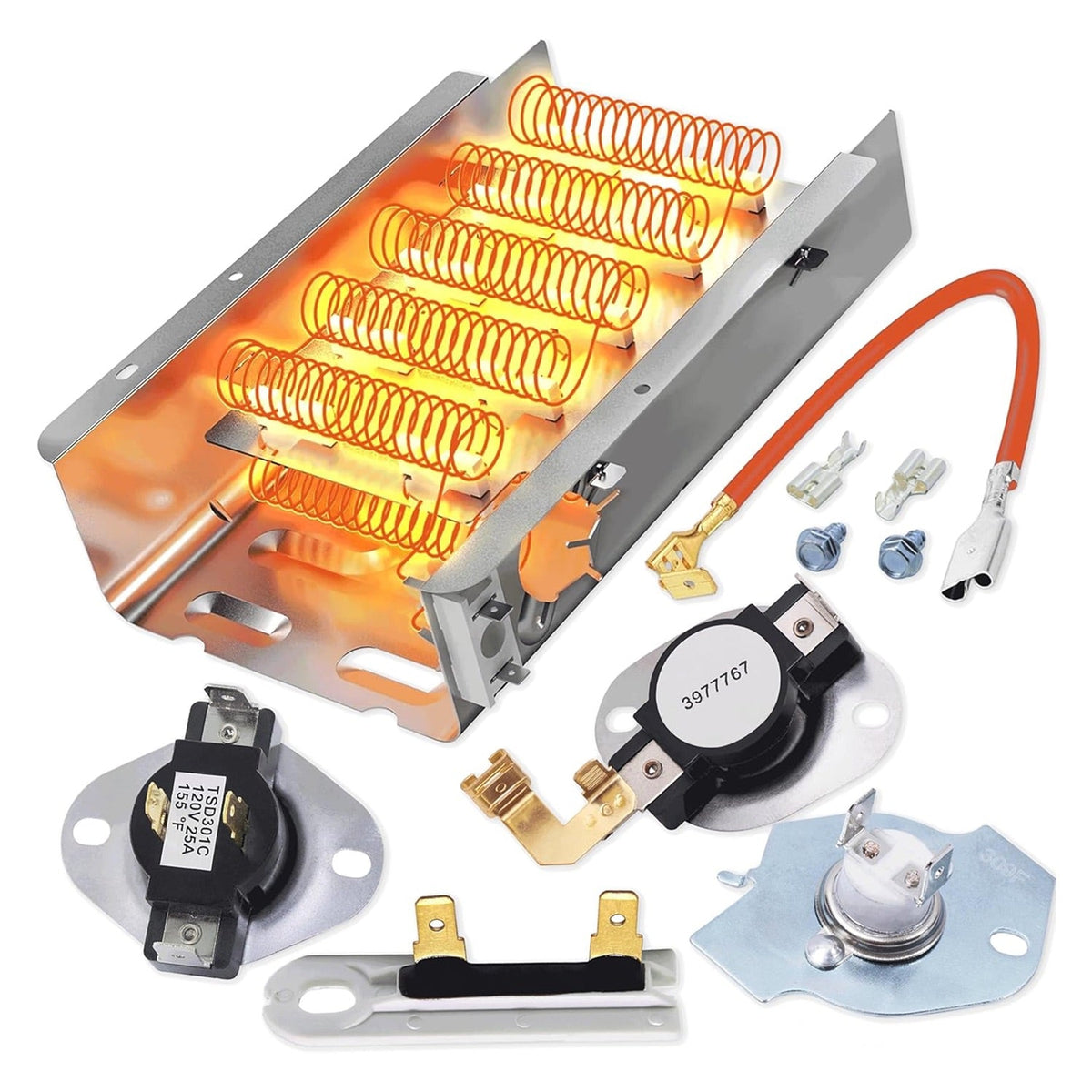 Dryer heating element assembly kit with thermostats and thermal fuse for Whirlpool dryers.