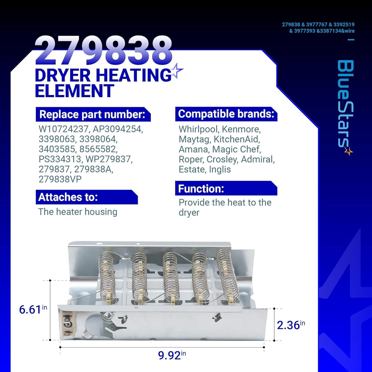 Infographic showing 279838 dryer heating element specifications, dimensions, and compatible Whirlpool dryer models.