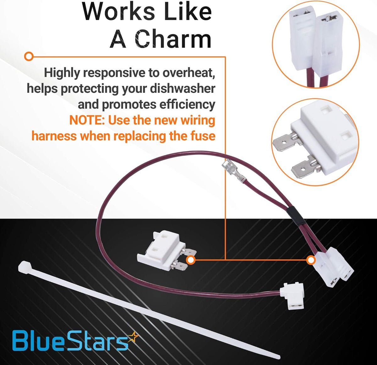 675813 dishwasher thermal fuse replacement kit with wiring harness and zip tie for Whirlpool and Kenmore dishwashers.