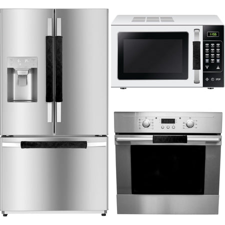 Black fabric handle covers installed on a refrigerator, microwave, and oven door.