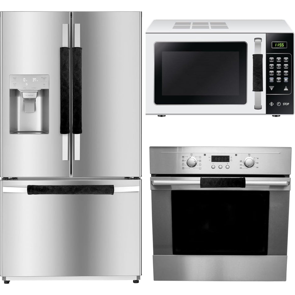 Black fabric handle covers installed on a refrigerator, microwave, and oven door.