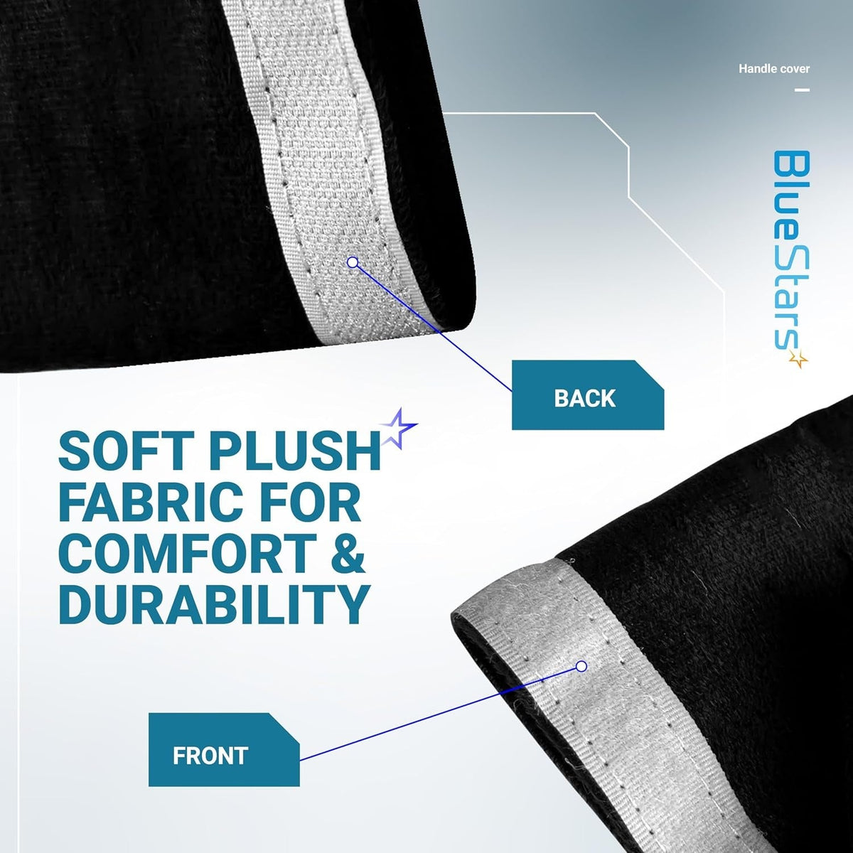 Close-up of black refrigerator and microwave handle cover showing soft plush fabric texture and velcro attachment.