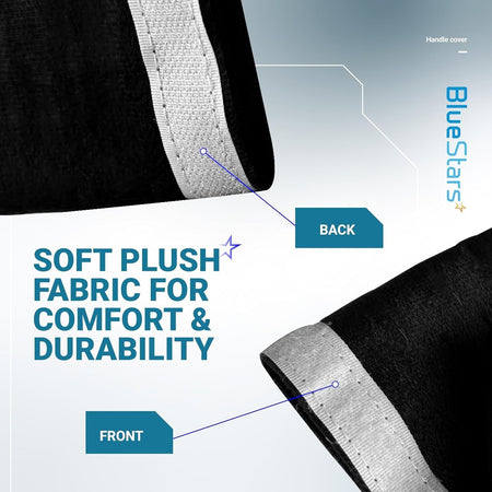 Close-up of black refrigerator and microwave handle cover showing soft plush fabric texture and velcro attachment.