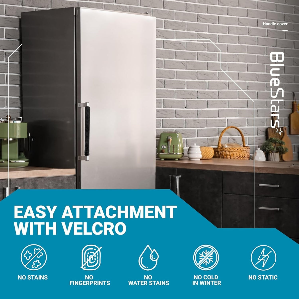 Black refrigerator door handle cover installed on a stainless steel fridge with velcro attachment features.