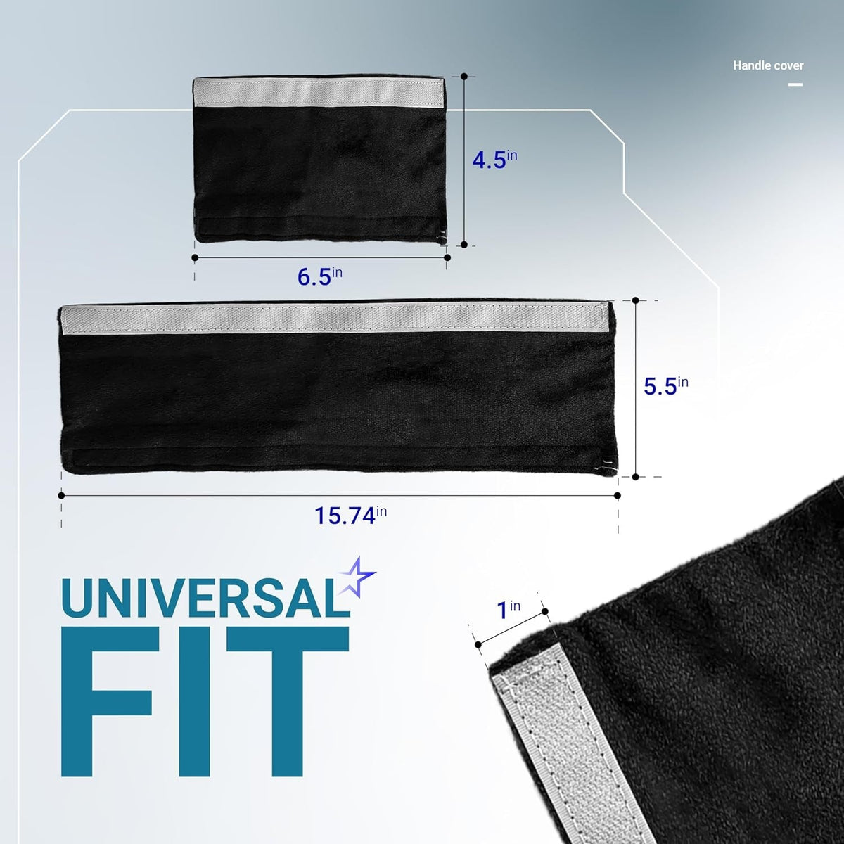 Black refrigerator and microwave handle covers with dimensions labeled for universal fit.