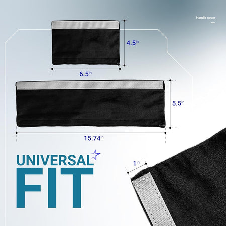 Black refrigerator and microwave handle covers with dimensions labeled for universal fit.