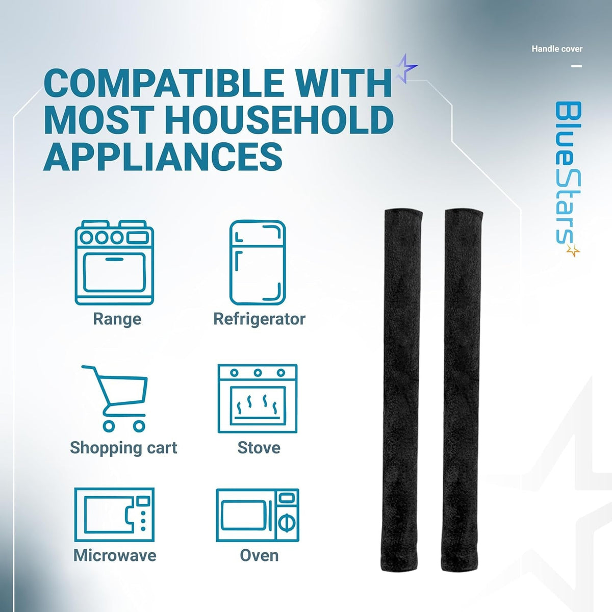 Two black appliance handle covers shown with icons illustrating compatibility with refrigerators, ovens, and microwaves.