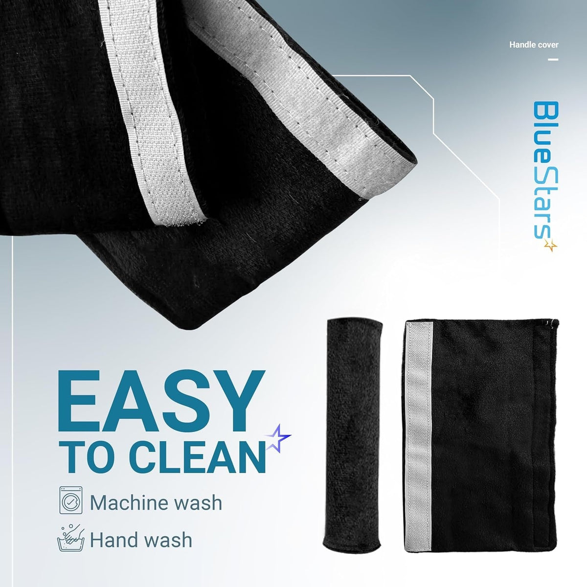 Close-up of black machine-washable refrigerator and microwave handle covers with velcro fasteners.
