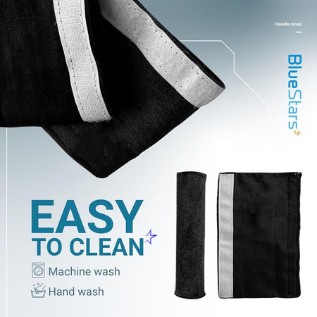 Close-up of black machine-washable refrigerator and microwave handle covers with velcro fasteners.