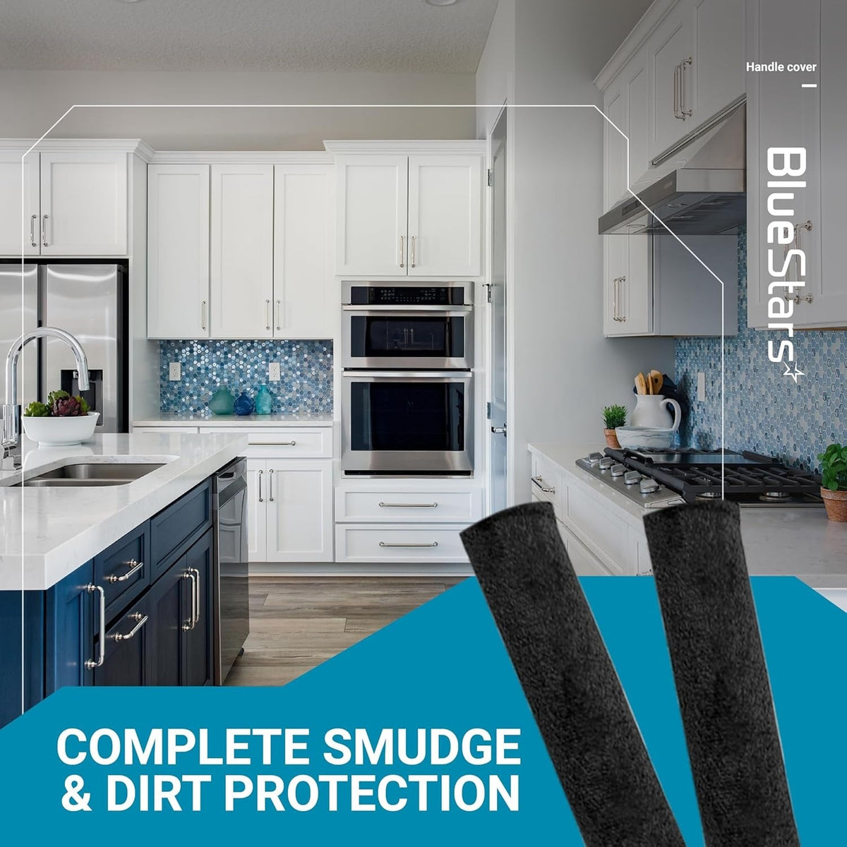 Two black appliance handle covers shown against a kitchen background for smudge and dirt protection.