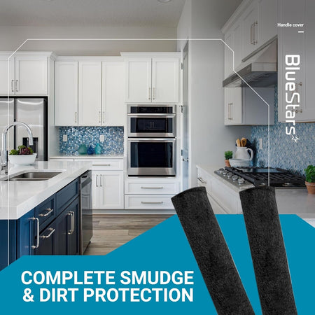 Two black appliance handle covers shown against a kitchen background for smudge and dirt protection.