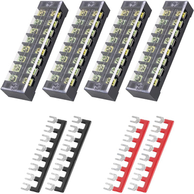 Four 8-position terminal strip blocks with black and red pre-insulated jumper strips.