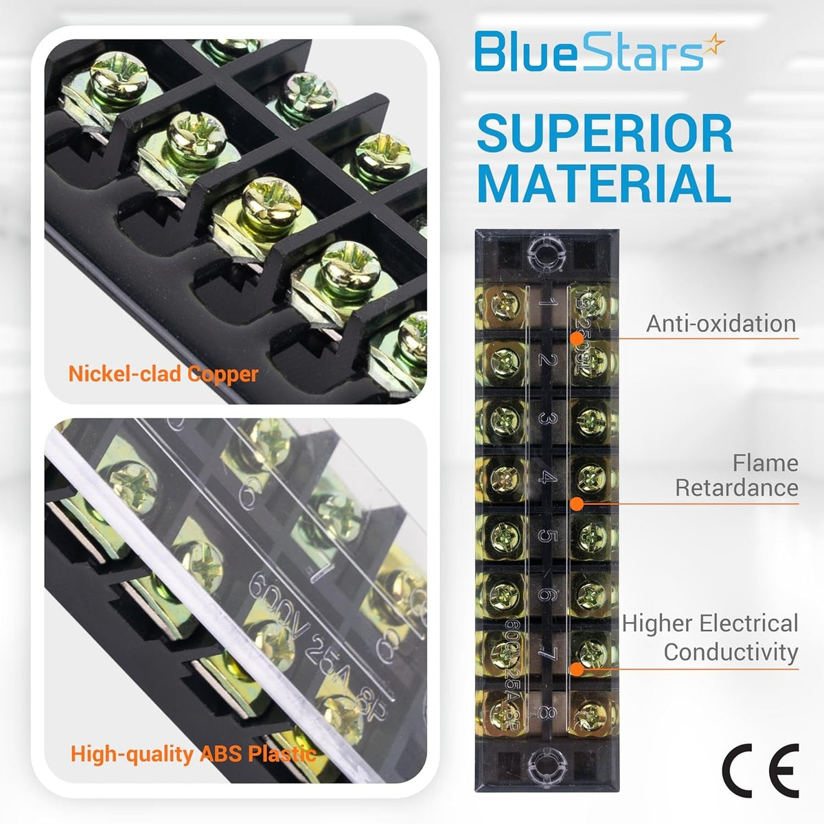 Close-up infographic of 8-position terminal strip block showing nickel-clad copper and flame-retardant ABS plastic.
