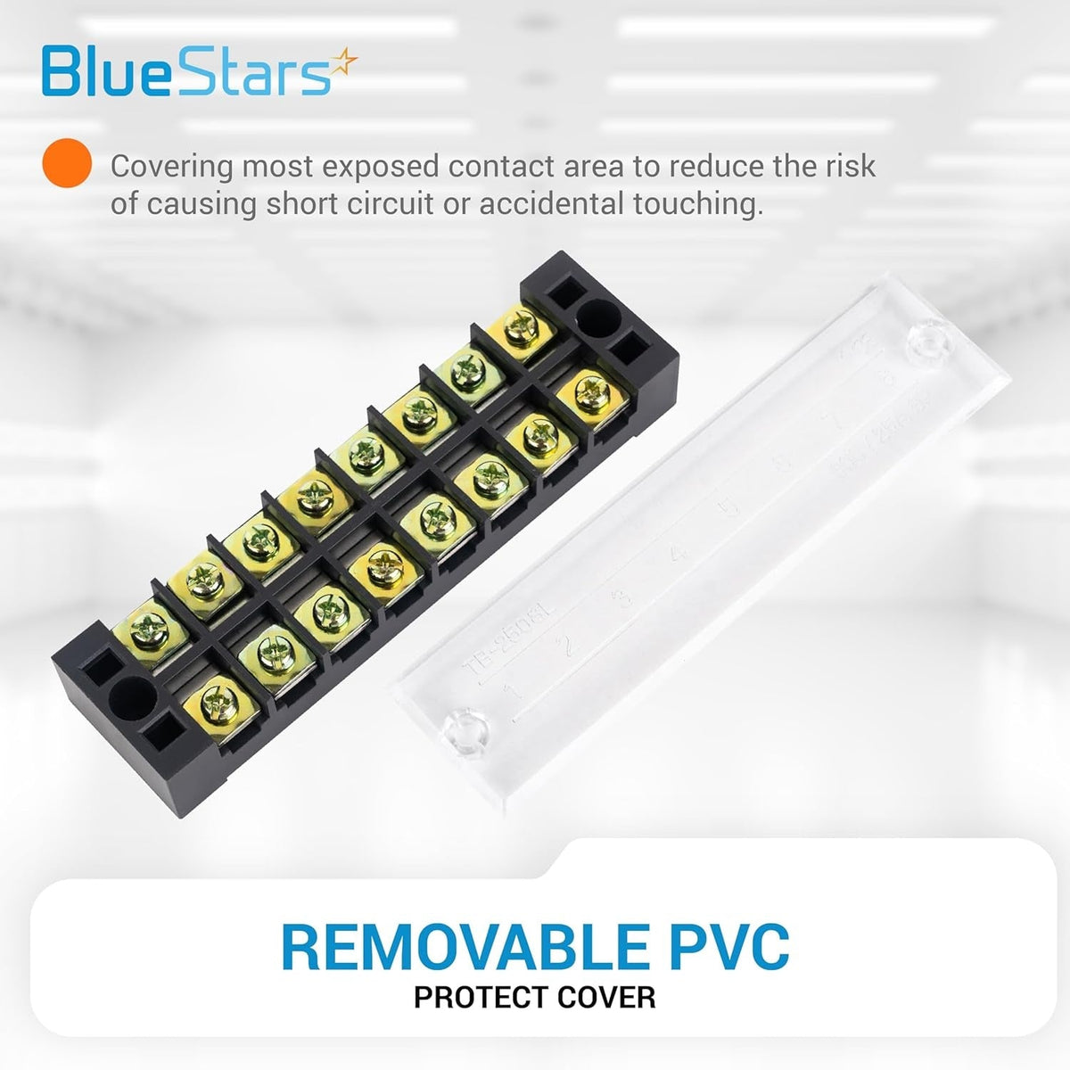 8-position terminal strip block with a removable clear PVC protective cover for electrical safety.