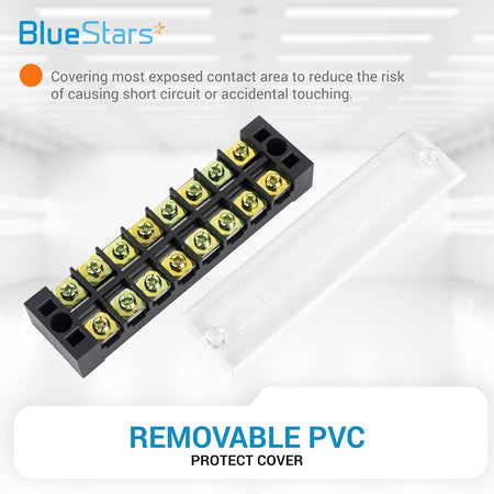 8-position terminal strip block with a removable clear PVC protective cover for electrical safety.