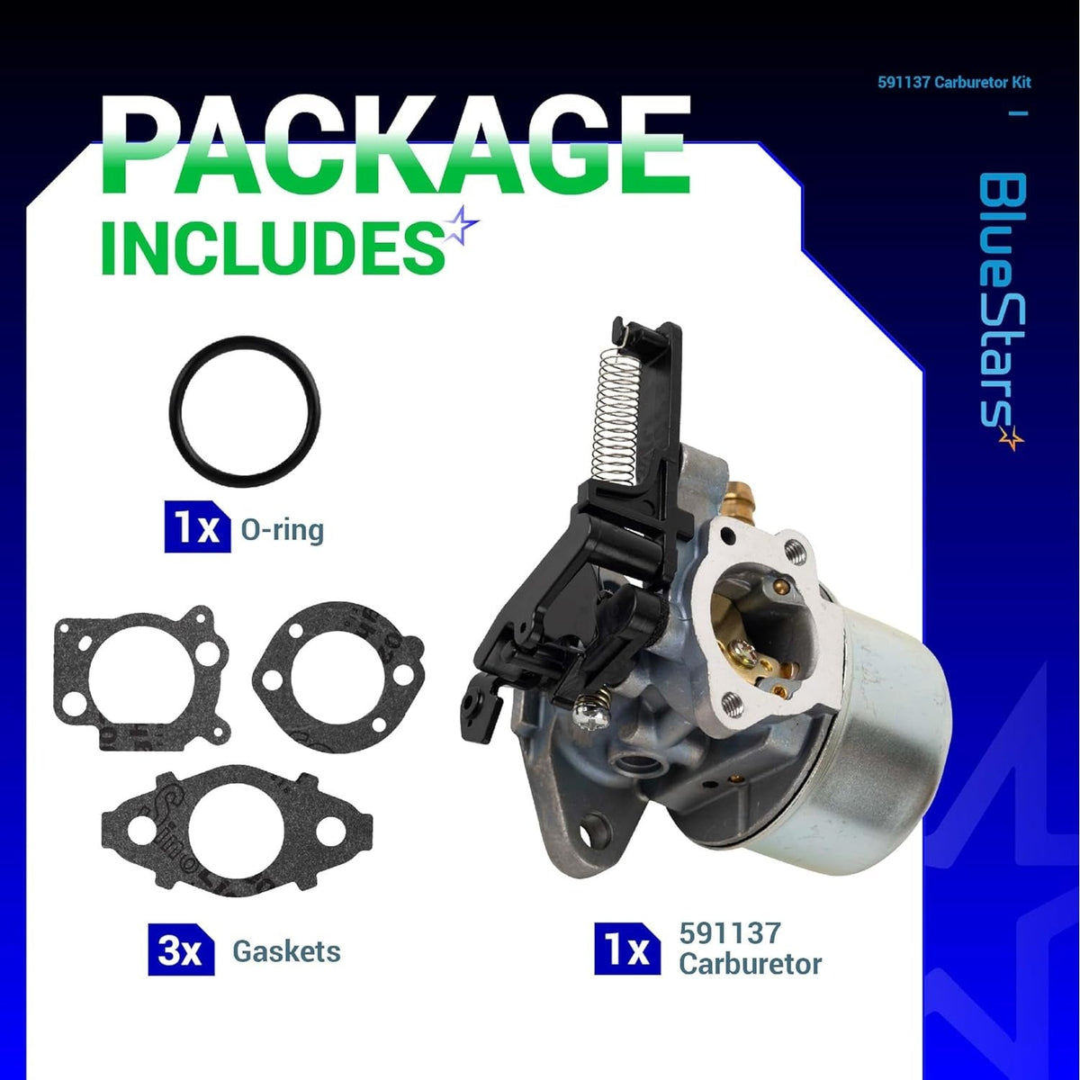 591137 carburetor kit including one carburetor, three gaskets, and one O-ring for Troy-Bilt pressure washer engines.