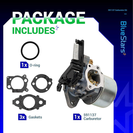 591137 carburetor kit including one carburetor, three gaskets, and one O-ring for Troy-Bilt pressure washer engines.